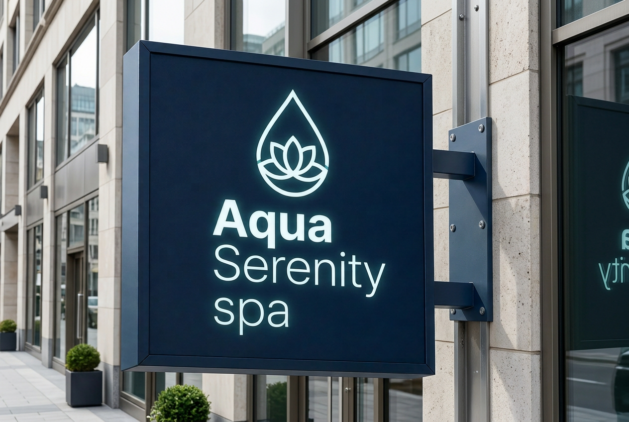 The Aqua Serenity spa sign visualised in place on a stone building above a city street