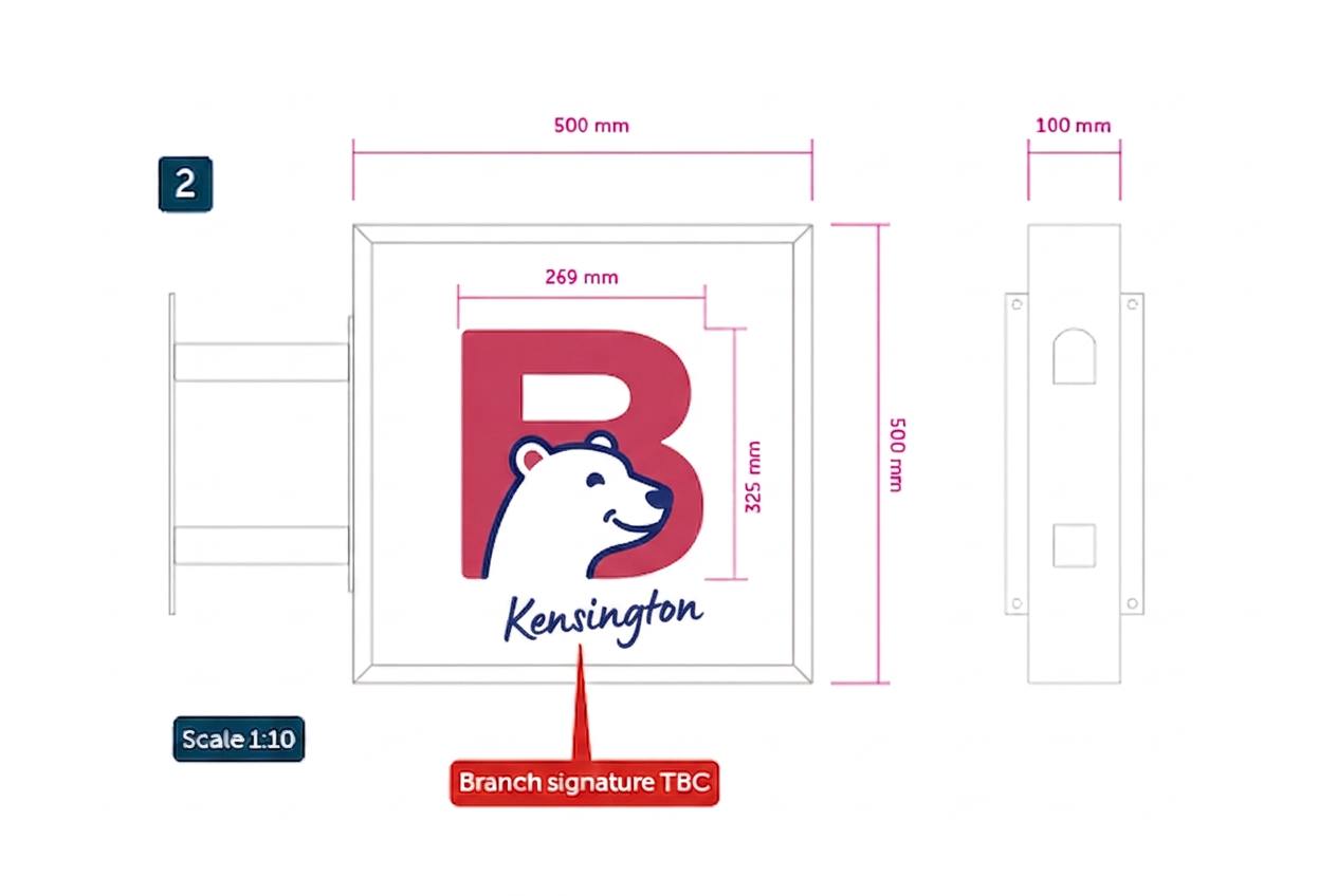 Dimensioned technical drawing of the Kensington projecting sign at 1:10 scale, with millimetre measurements for production