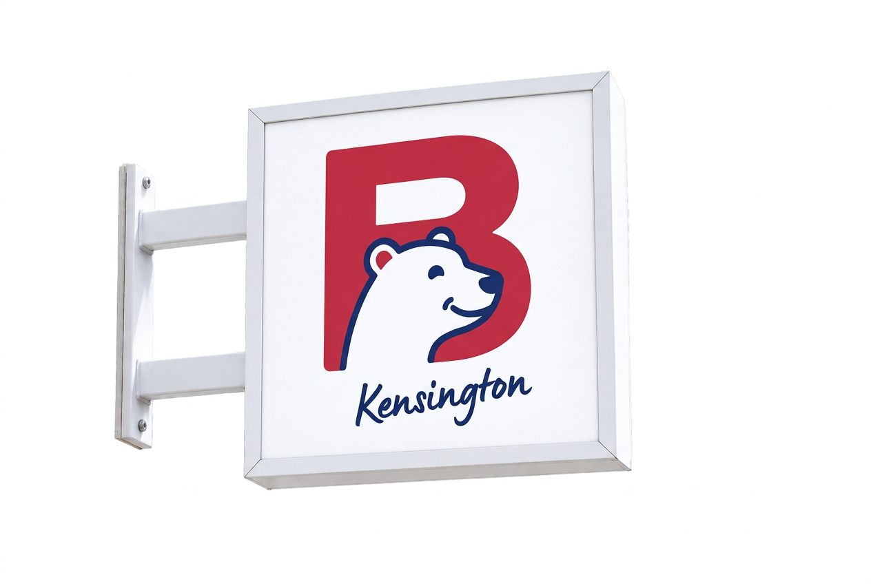 AI-assisted visualisation of the Kensington polar bear projecting sign mounted on a building