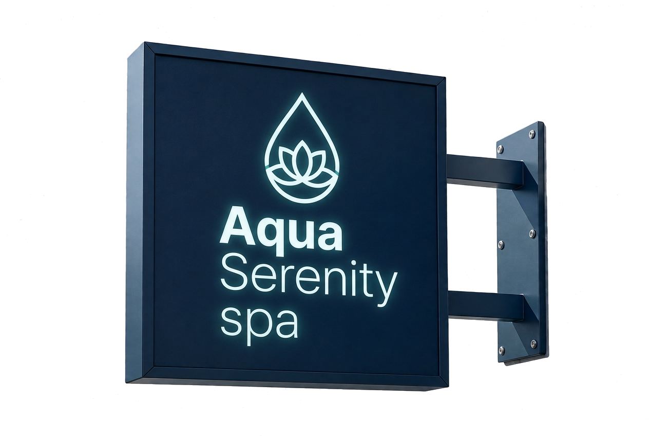 Visualisation of the illuminated Aqua Serenity spa projecting sign in dark navy with a teal lotus droplet logo