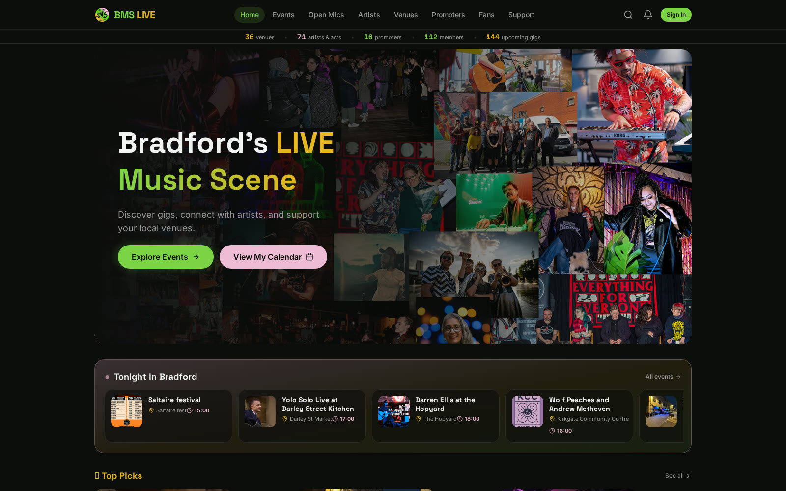 The desktop version of the BMS Live app showing the homepage with featured gigs